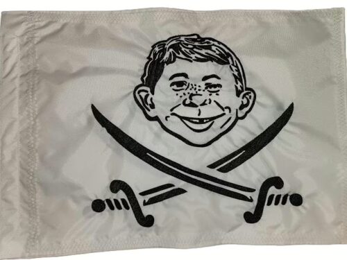 Alfred E. Neuman pirate safety flag with dense embroidered gap-toothed face and crossed swords on nylon rectangle with whip sleeve