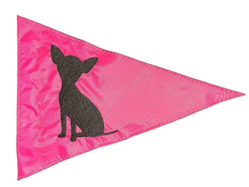 Chihuahua dog safety flag with dense embroidered black chihuahua silhouette on hot pink nylon pennant with whip sleeve