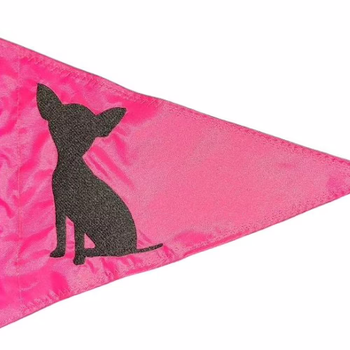 Chihuahua dog safety flag with dense embroidered black chihuahua silhouette on hot pink nylon pennant with whip sleeve