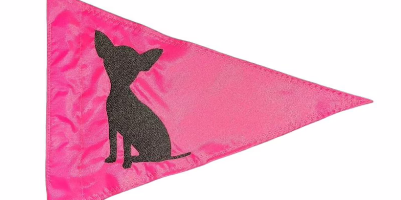 Chihuahua dog safety flag with dense embroidered black chihuahua silhouette on hot pink nylon pennant with whip sleeve