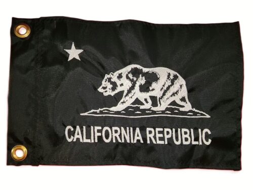 California Republic safety flag with dense embroidered white grizzly bear, star, and text on black nylon rectangle with solid brass grommets