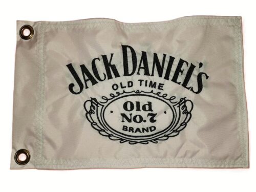Jack Daniel's safety flag with dense embroidered black Old No. 7 brand logo and text on grey nylon rectangle with solid brass grommets