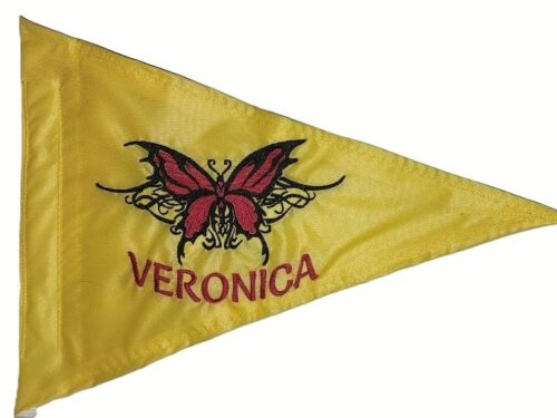 Veronica personalized butterfly safety flag with dense embroidered red and black butterfly and custom text on yellow nylon pennant with whip sleeve