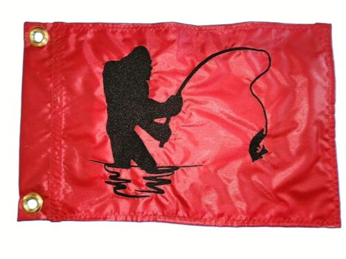 Bigfoot fishing safety flag with embroidered black Sasquatch reeling in fish on red nylon rectangle with brass grommets