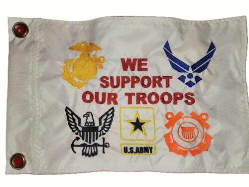 We Support Our Troops safety flag with dense embroidered military branch logos and red text on white nylon rectangle with solid brass grommets