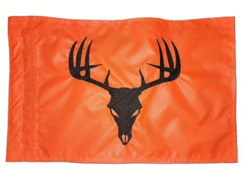 Deer skull safety flag with dense embroidered black buck skull and antlers graphic on orange nylon rectangle with whip sleeve