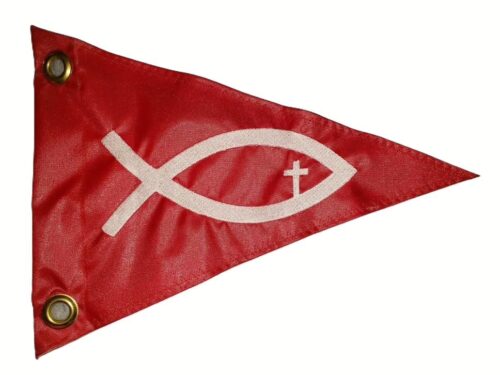 Jesus fish with cross safety flag with dense embroidered white ichthys symbol on red nylon pennant with solid brass grommets