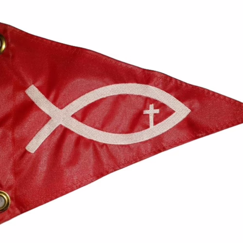 Jesus fish with cross safety flag with dense embroidered white ichthys symbol on red nylon pennant with solid brass grommets