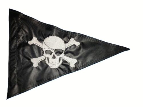 Pirate eyepatch skull safety flag with dense embroidered white skull wearing an eyepatch and crossbones graphic on black nylon pennant with whip sleeve