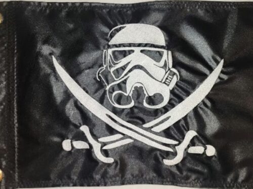 Stormtrooper pirate safety flag made by Devil Woman Flags with dense embroidered white stormtrooper helmet and crossed cutlass swords graphic on black nylon rectangle with solid brass grommets