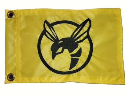 Yellow jacket encircled hornet safety flag with dense embroidered black hornet mascot inside a ring on yellow nylon rectangle with solid brass grommets