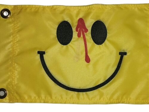 Watchmen Smiley Face safety flag with black embroidered smiling face and dripping red blood on yellow nylon rectangle