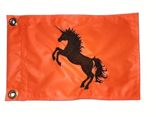 Rearing unicorn safety flag with dense embroidered black magical unicorn on vibrant orange nylon rectangle with solid brass grommets