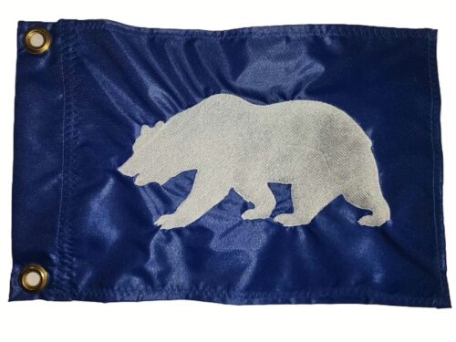 California Republic bear safety flag with dense embroidered white grizzly bear on royal blue nylon rectangle with solid brass grommets