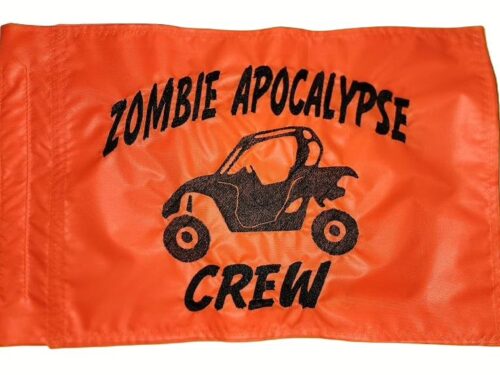 : Zombie Apocalypse Crew safety flag with dense embroidered black UTV silhouette and text on orange nylon rectangle with whip sleeve