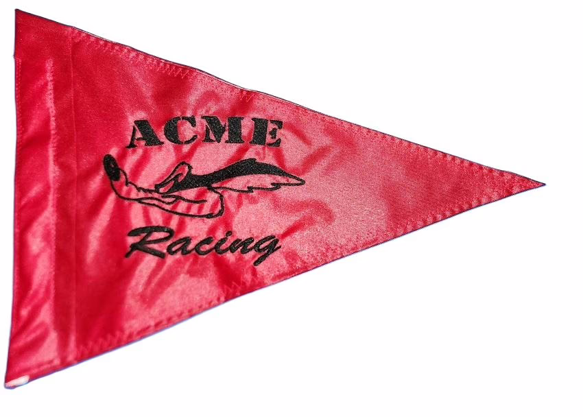 Acme Racing Wile E Coyote safety flag with dense embroidered sprinting coyote and typography on nylon pennant with whip sleeve