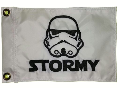 Stormy safety flag made by Devil Woman Flags with dense embroidered black stormtrooper helmet and "STORMY" text graphics on white nylon rectangle with solid brass grommets