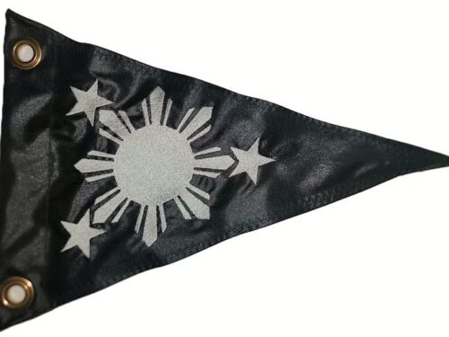 Philippine sun and stars safety flag with dense embroidered silver emblem on black nylon pennant with solid brass grommets