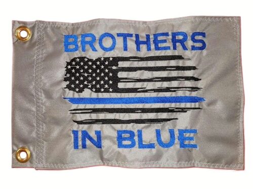 Thin Blue Line Distressed American Flag safety flag with royal blue lettering and distressed Thin Blue Line flag embroidered on silver nylon rectangle