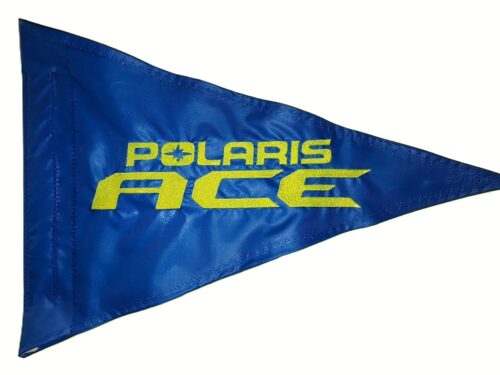 Polaris Ace safety flag with embroidered lime squeeze lettering on bright blue nylon pennant with whip sleeve