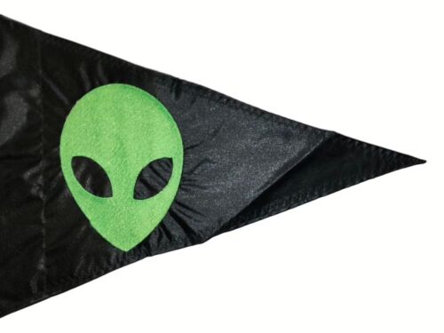 Alien Head safety flag with fluorescent green embroidered extraterrestrial face on black nylon pennant with whip sleeve