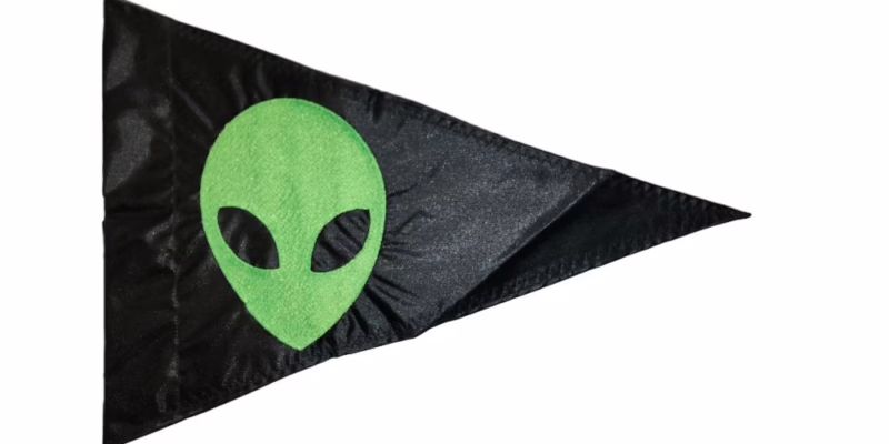 Alien Head safety flag with fluorescent green embroidered extraterrestrial face on black nylon pennant with whip sleeve