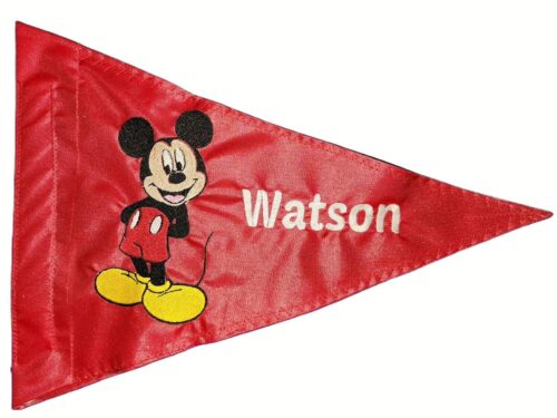 Mickey Mouse Cartoon Classic safety flag with embroidered standing character and custom name Watson on nylon pennant with whip sleeve
