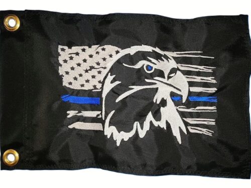 Thin Blue Line Eagle safety flag with embroidered bald eagle, tattered American flag, and vibrant blue line on black nylon rectangle