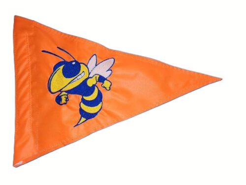 Yellow jacket hornet safety flag with dense embroidered blue and yellow angry hornet mascot on orange nylon pennant with whip sleeve