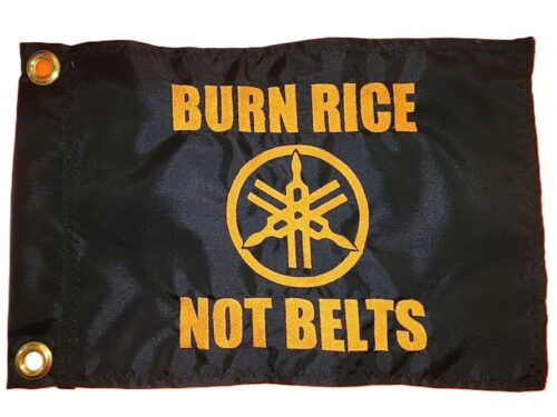 Personalized Yamaha safety flag with embroidered orange tuning forks logo and Burn Rice Not Belts text on black nylon rectangle with brass grommets