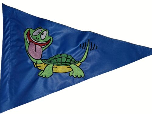 Happy Turtle safety flag with embroidered cartoon turtle on bright blue nylon pennant with whip sleeve