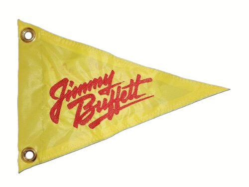 Jimmy Buffett safety flag with dense embroidered red script logo on yellow nylon pennant with solid brass grommets