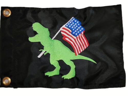 T-Rex holding American flag safety flag with dense embroidered green dinosaur and US flag on black nylon rectangle with solid brass grommets