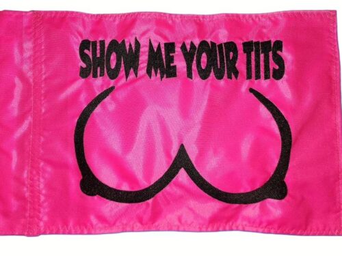 Show Me Your Tits safety flag with black embroidered lettering and graphic on hot pink nylon rectangle with pole sleeve
