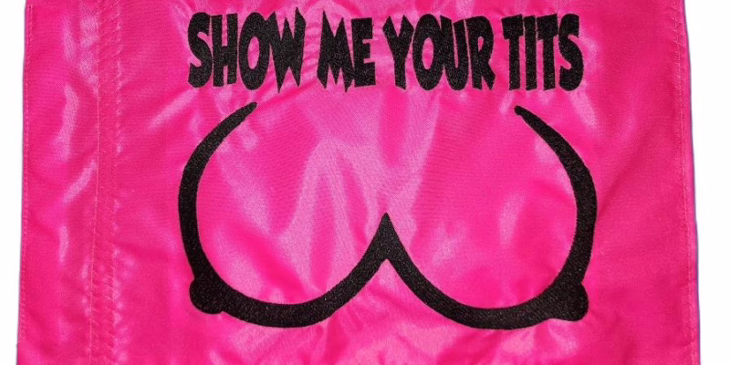 Show Me Your Tits safety flag with black embroidered lettering and graphic on hot pink nylon rectangle with pole sleeve