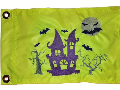 Halloween haunted house safety flag with dense embroidered purple haunted house, bats, full moon, and spooky trees on Lime Squeeze nylon rectangle with solid brass grommets