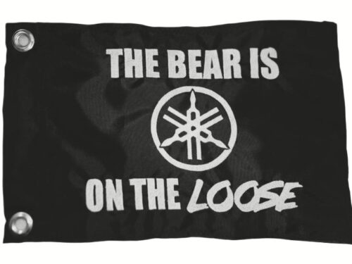 Personalized Yamaha safety flag with embroidered tuning forks emblem and The Bear Is On The Loose text on black nylon rectangle with brass grommets