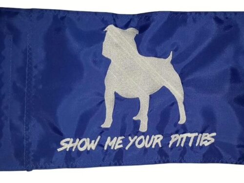 Show Me Your Pitties pitbull safety flag with dense embroidered white pitbull silhouette and text on royal blue nylon rectangle with whip sleeve