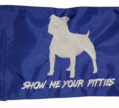 Show Me Your Pitties pitbull safety flag with dense embroidered white pitbull silhouette and text on royal blue nylon rectangle with whip sleeve