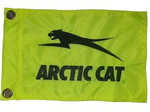 Arctic Cat safety flag with embroidered black leaping cat logo and lettering on lime squeeze nylon rectangle with brass grommets