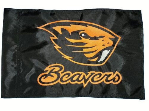 Close up of high density embroidered beaver logo and script on Oregon State Beavers safety flag