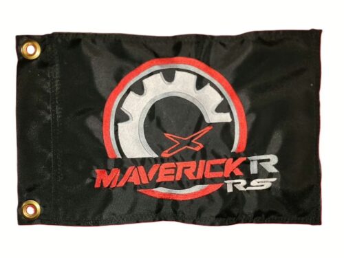 Can-Am Maverick R RS safety flag with embroidered red halo silver gear and Maverick R RS lettering on black nylon rectangle with brass grommets