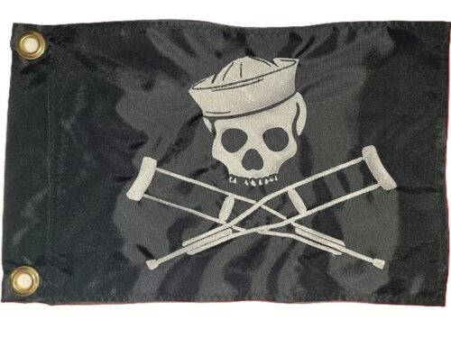 Jackass Sailor Skull safety flag with white embroidered skull in sailor hat and crossed crutches on black nylon rectangle