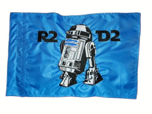 R2d2 safety flag made by Devil Woman Flags with dense embroidered black and white astromech droid and "R2 D2" text graphics on bright blue nylon rectangle with whip sleeve