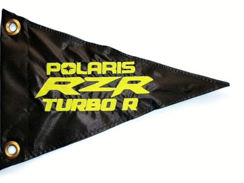 Polaris RZR Turbo R safety flag with embroidered lime squeeze green logo on black nylon pennant with brass grommets