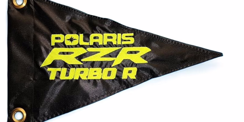 Polaris RZR Turbo R safety flag with embroidered lime squeeze green logo on black nylon pennant with brass grommets