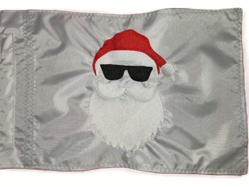 Cool Santa safety flag with dense embroidered Santa Claus wearing sunglasses and red hat on silver nylon rectangle with whip sleeve