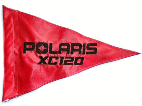 Polaris XC 120 safety flag with embroidered black Polaris logo and XC120 lettering on red nylon pennant with whip sleeve