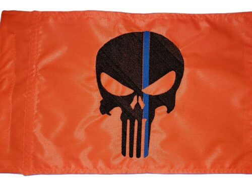 Thin Blue Line Punisher safety flag with black embroidered skull and royal blue line on orange nylon rectangle