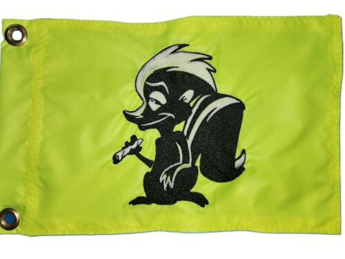 Pepe Le Pew skunk safety flag with dense embroidered black and white skunk holding cigarette on Lime Squeeze nylon rectangle with solid brass grommets